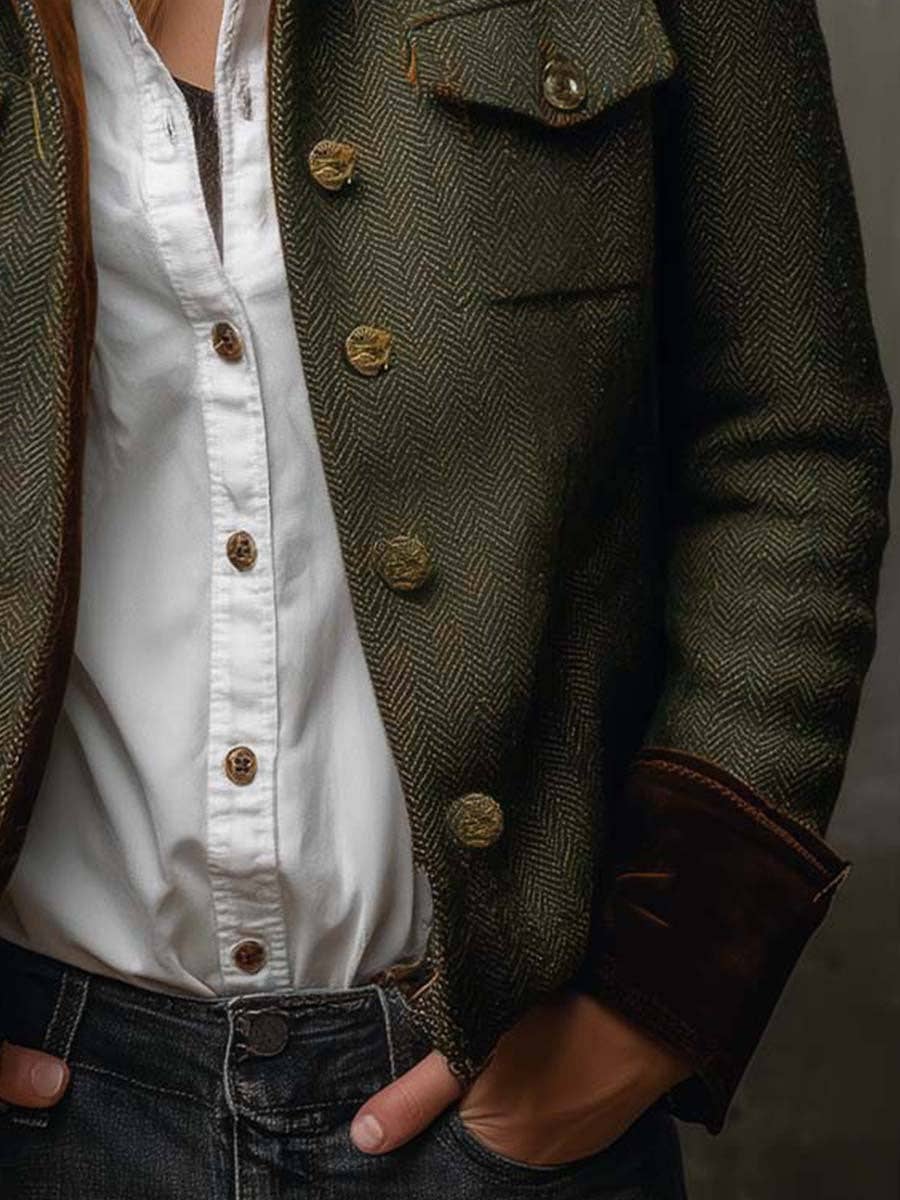 Suhkasana - Women Herringbone Tweed Blazer Velvet Trim Vintage Jacket: Army Green / S