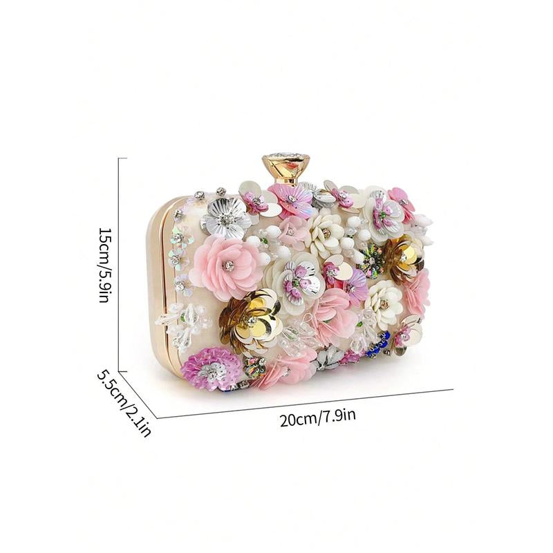Flower Decor Shoulder Bag-Faux Pearl Clutch for Cheongsam,Ladies Handbag,Bridesmaid Purse & Sequin Beaded Party Bag-Elegant Designer Handbags