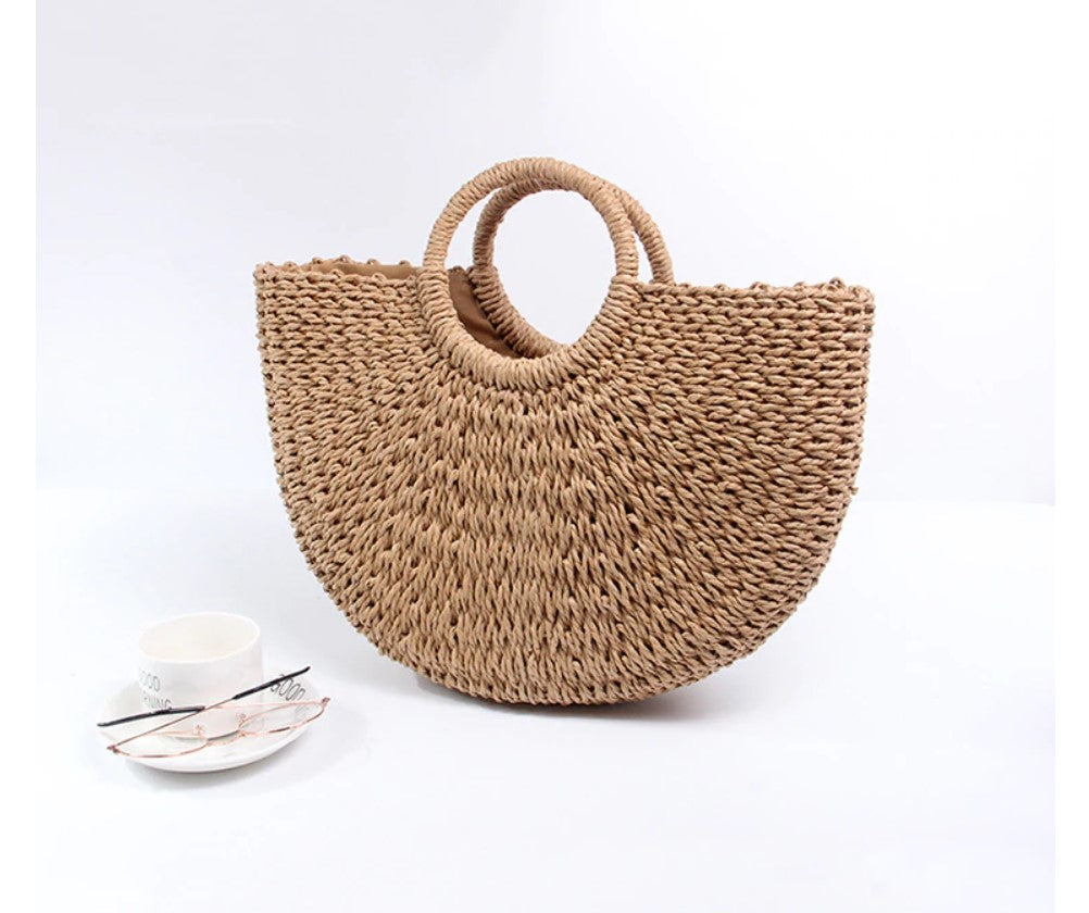 Women's Half Moon Woven Rattan Bag