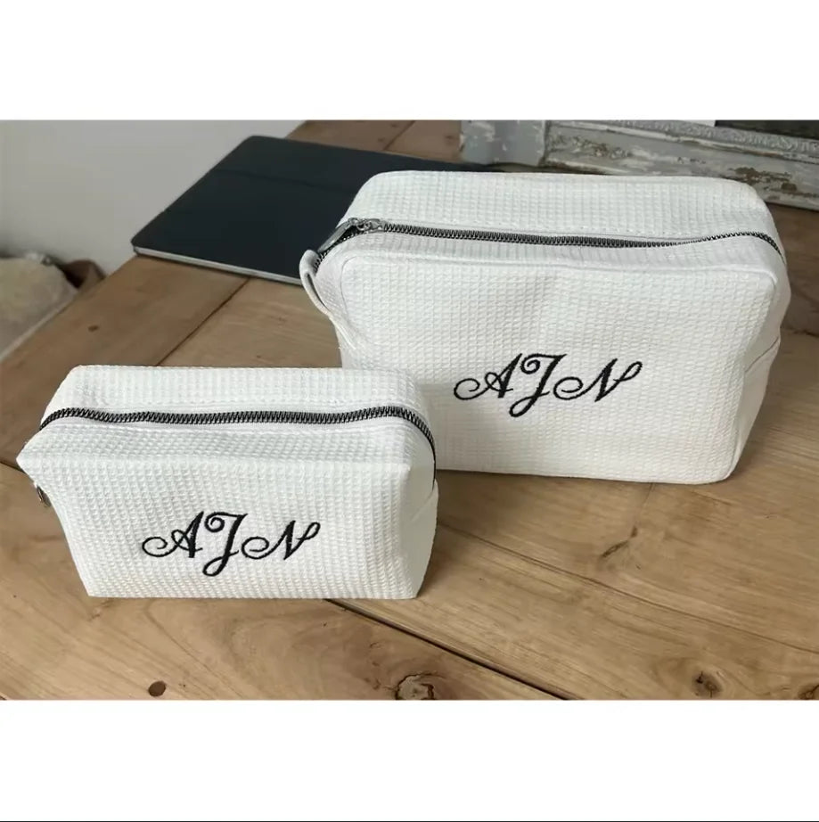 Personalized Makeup Bag -Travel Cosmetic Bag -Custom Waffle Weave Bag- Bridesmaid Gift - Monogram Toiletry Bag - Makeup Bag Set