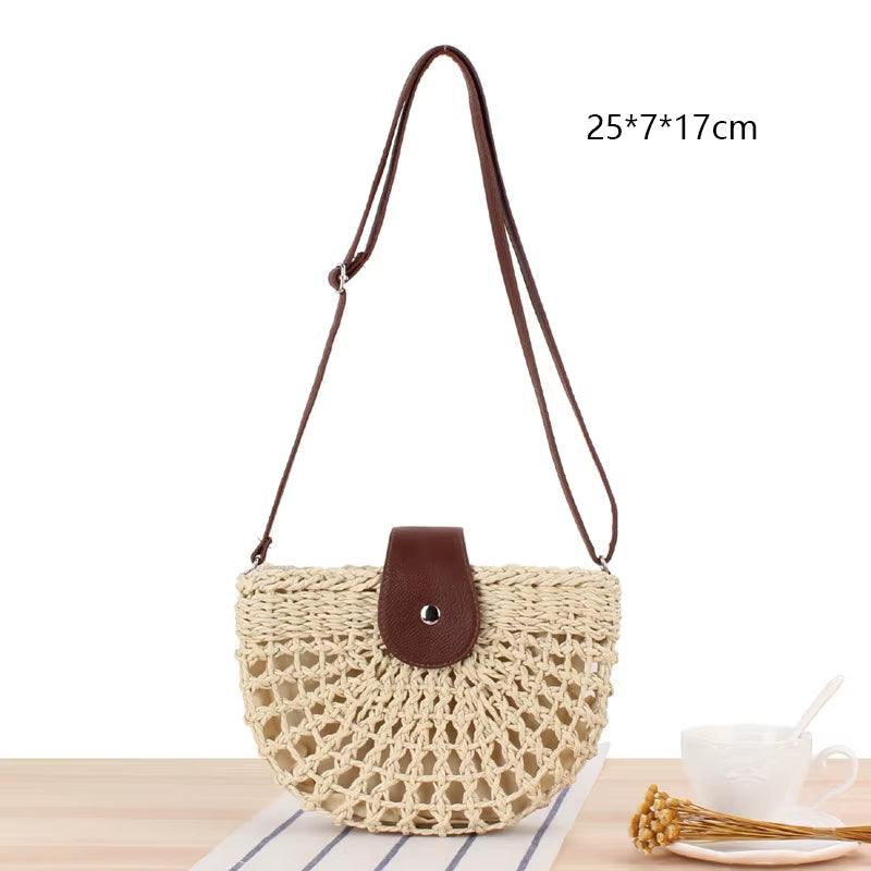 Woven Rattan Bag round Straw Shoulder Bag Small Beach Handbags Women Summer Hollow Handmade Messenger Crossbody Bags