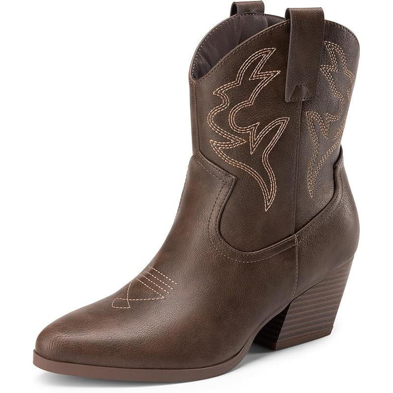Women'S Cowboy Cowgirl Boots Embroidered Stitched Short Western Boots Low Chunky Heel Pointed Toe Ankle Booties