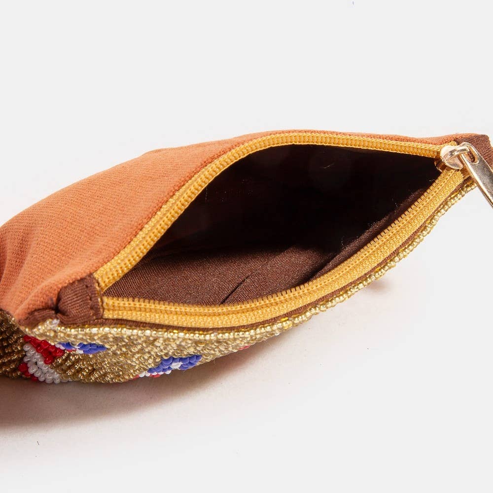 Collections by Fame Accessories - Usa Theme Golden Seed Beaded Coin Purse: MULTI