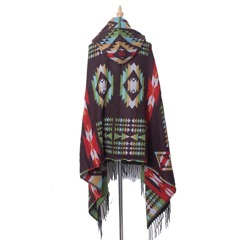 HIDDENBRAND - Boho aztec hooded poncho with toggle closure: Red / M