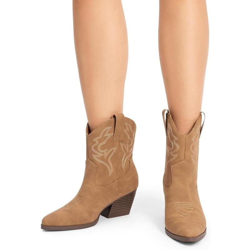 Women'S Cowboy Cowgirl Boots Embroidered Stitched Short Western Boots Low Chunky Heel Pointed Toe Ankle Booties