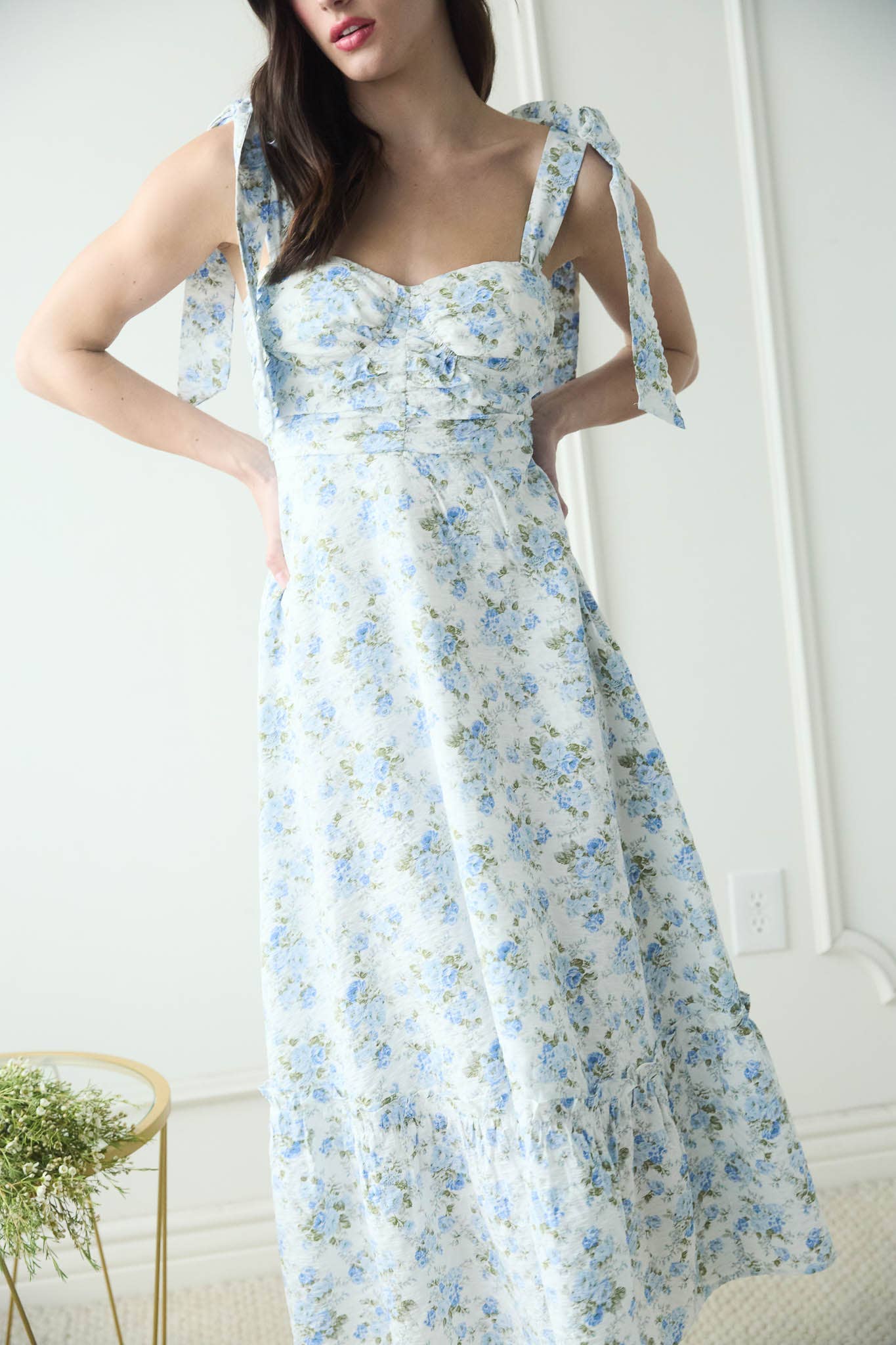 Blu Pepper - FLORAL TIE STRAP RUCHED DETAIL MAXI DRESS: PINK MULTI