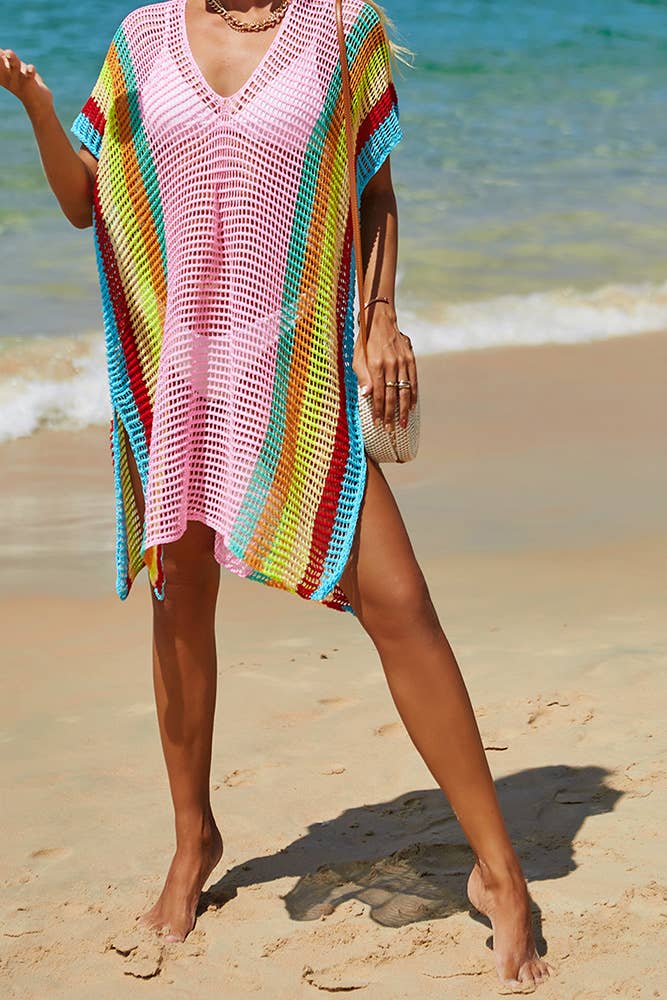 UNISHE - Rainbow Colorblock Splicing Beach Cover Up JYYS143: Pink / One Size