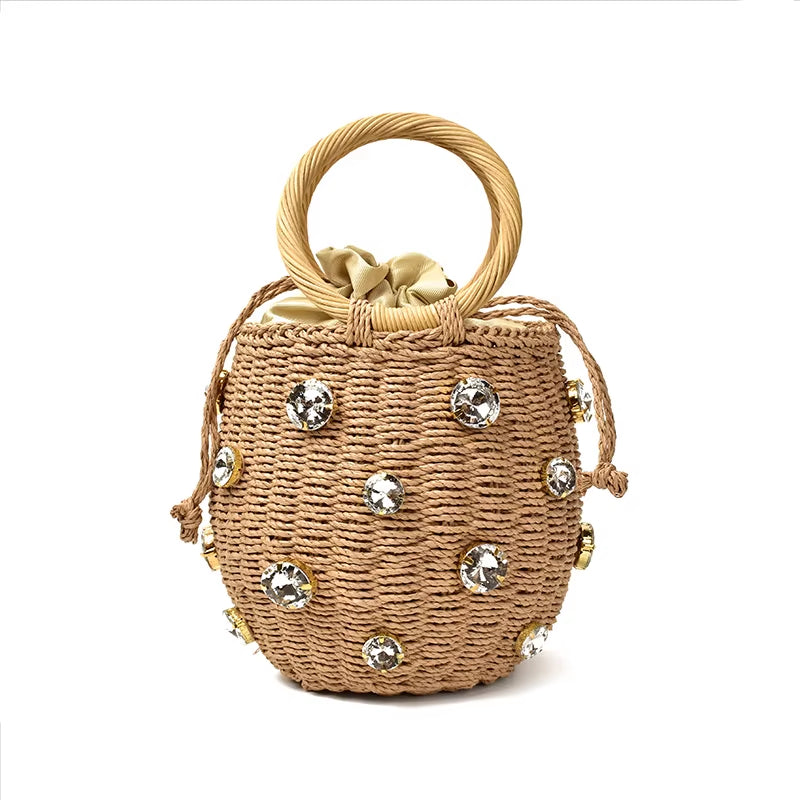 Handmade Rhinestone Crystal Embellished Straw Bag Small Bucket Lady Travel Purses and Handbags