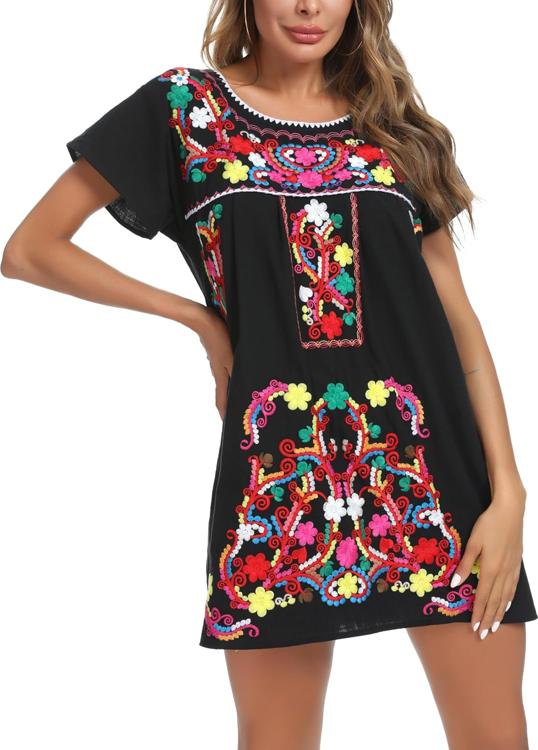 Vibrant Women's Short Sleeve Mexican Embroidered Dress