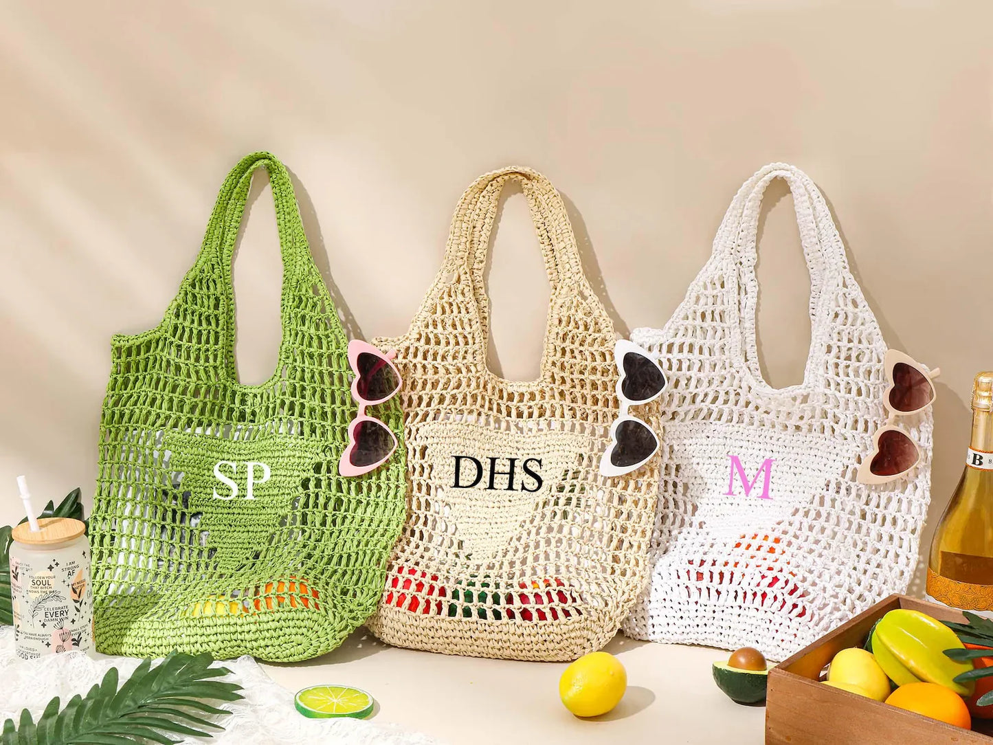 Personalized Beach Tote Bags Custom Bridesmaid Raffia Bag With Name,Monogram Initials Handle Straw Bag Bridesmaid Wedding Gifts