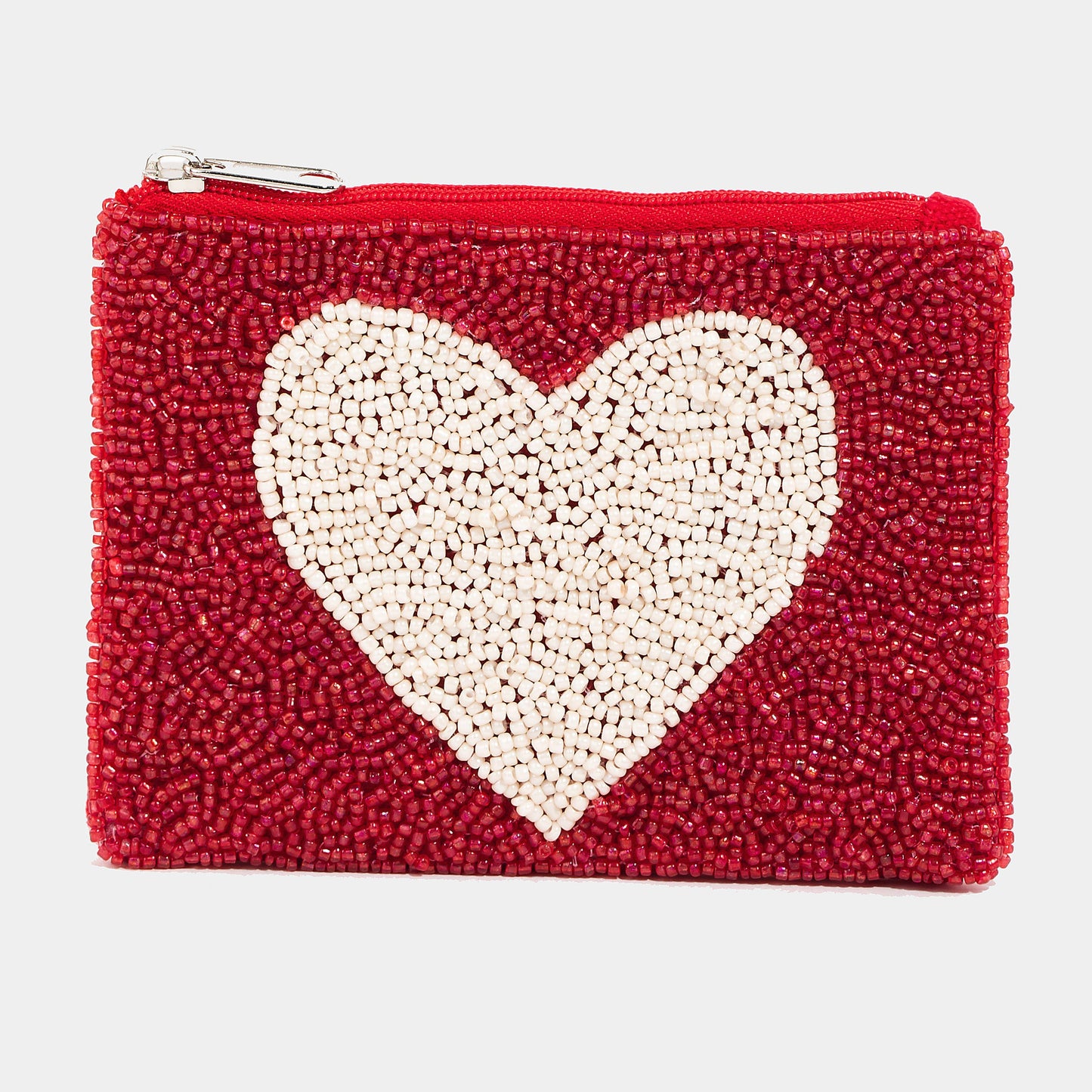 Collections by Fame Accessories - White Heart Seed Beaded Coin Purse: RED