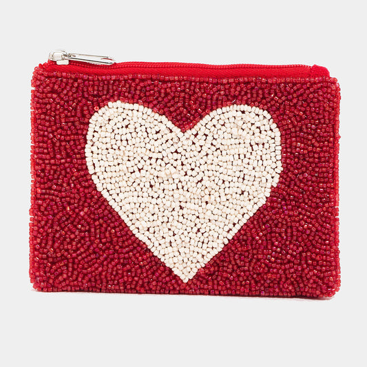Collections by Fame Accessories - White Heart Seed Beaded Coin Purse: RED