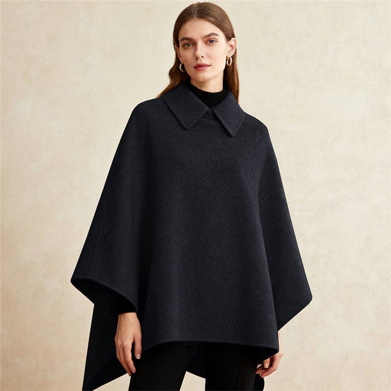 Suhkasana - Women's Collared Wool Blend Cape Sleeveless Winter Poncho: Black / S
