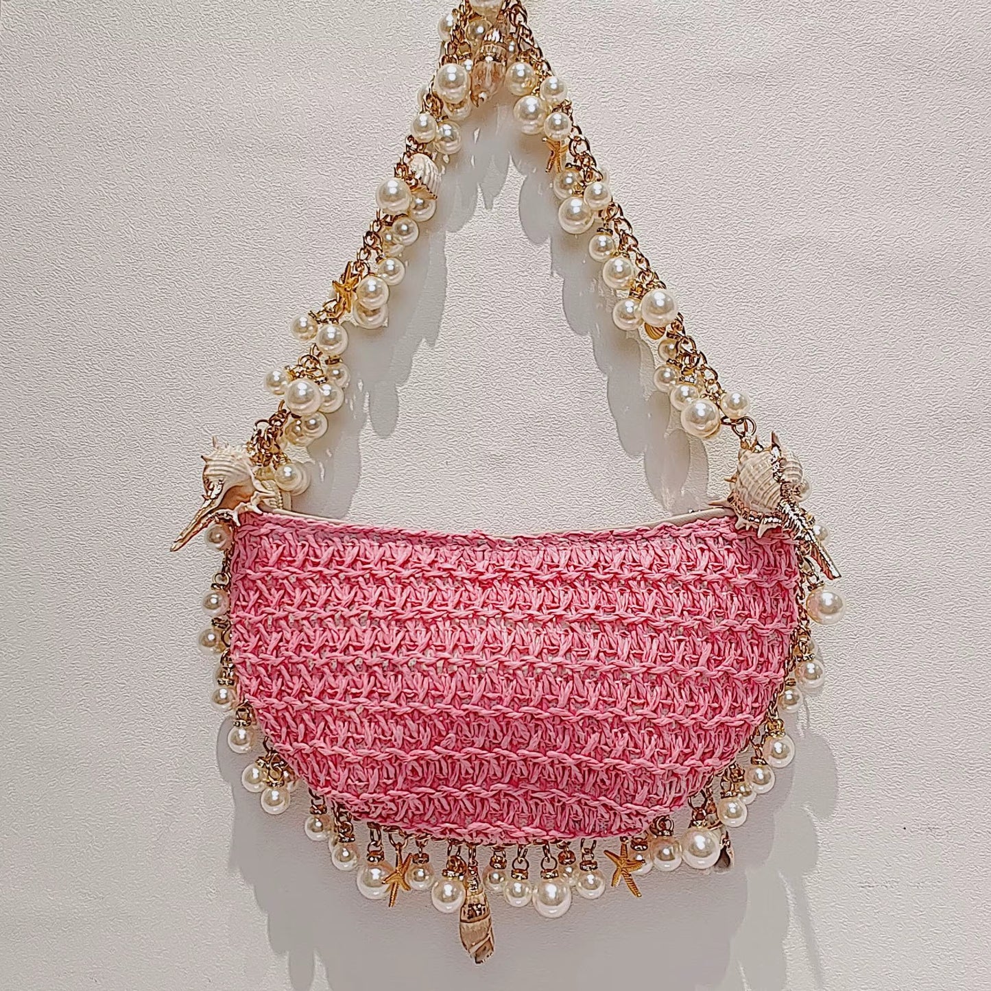 Bohemian Pearls Straw Bag Conch Starfish Women Handbags Half Moon Beach Shoulder Bag Designer Rattan Crossbody Bags Ladies Tote