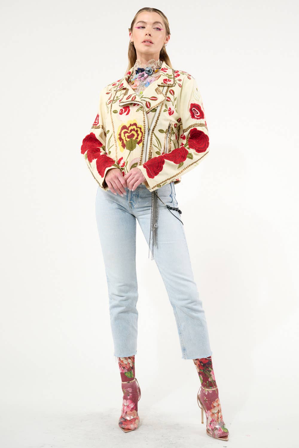 Aratta - Carmen Embroidered Denim Motorcycle Jacket: Ivory / M