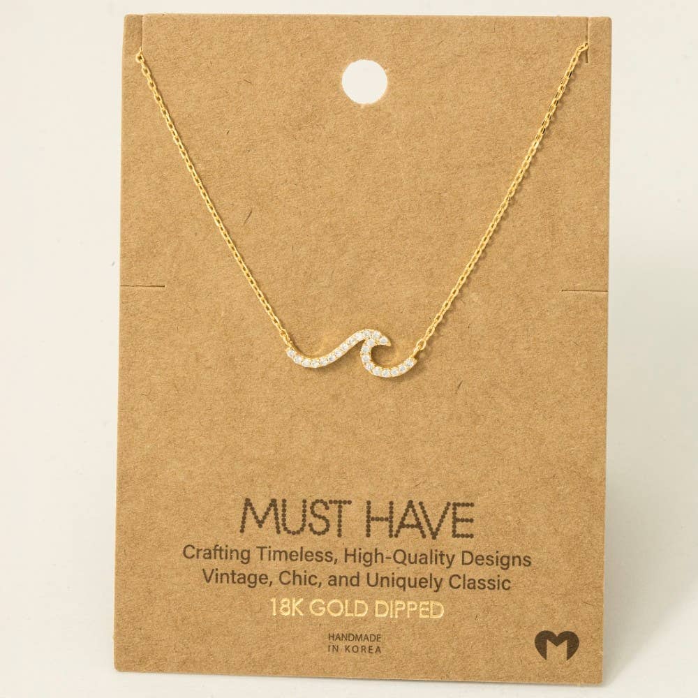 Fame Accessories - Gold Dipped Pave Wave Pendant Necklace: G