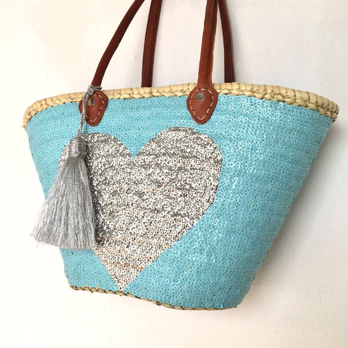 HandmadeBestSeller - French Market Basket Bag Sequins Leather Handles