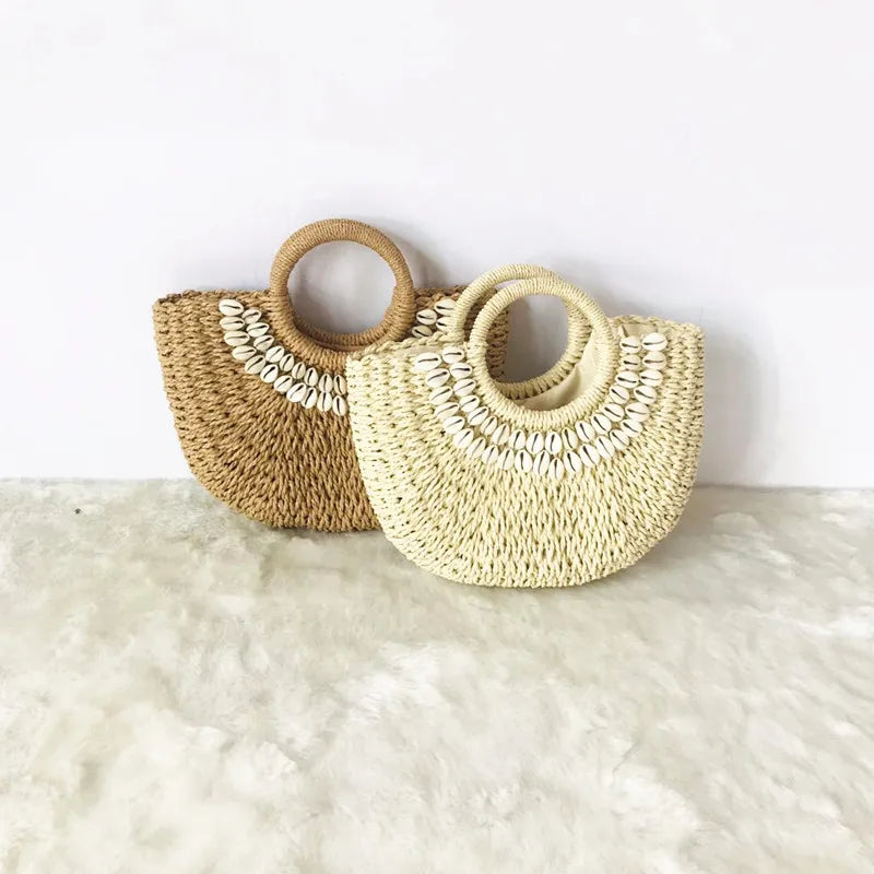 Women's Handbag Handmade Drawstring Straw Bag Summer Woven Shell Large Capacity Beach Bag Bohemia Female Knitted Top-Handle Tote