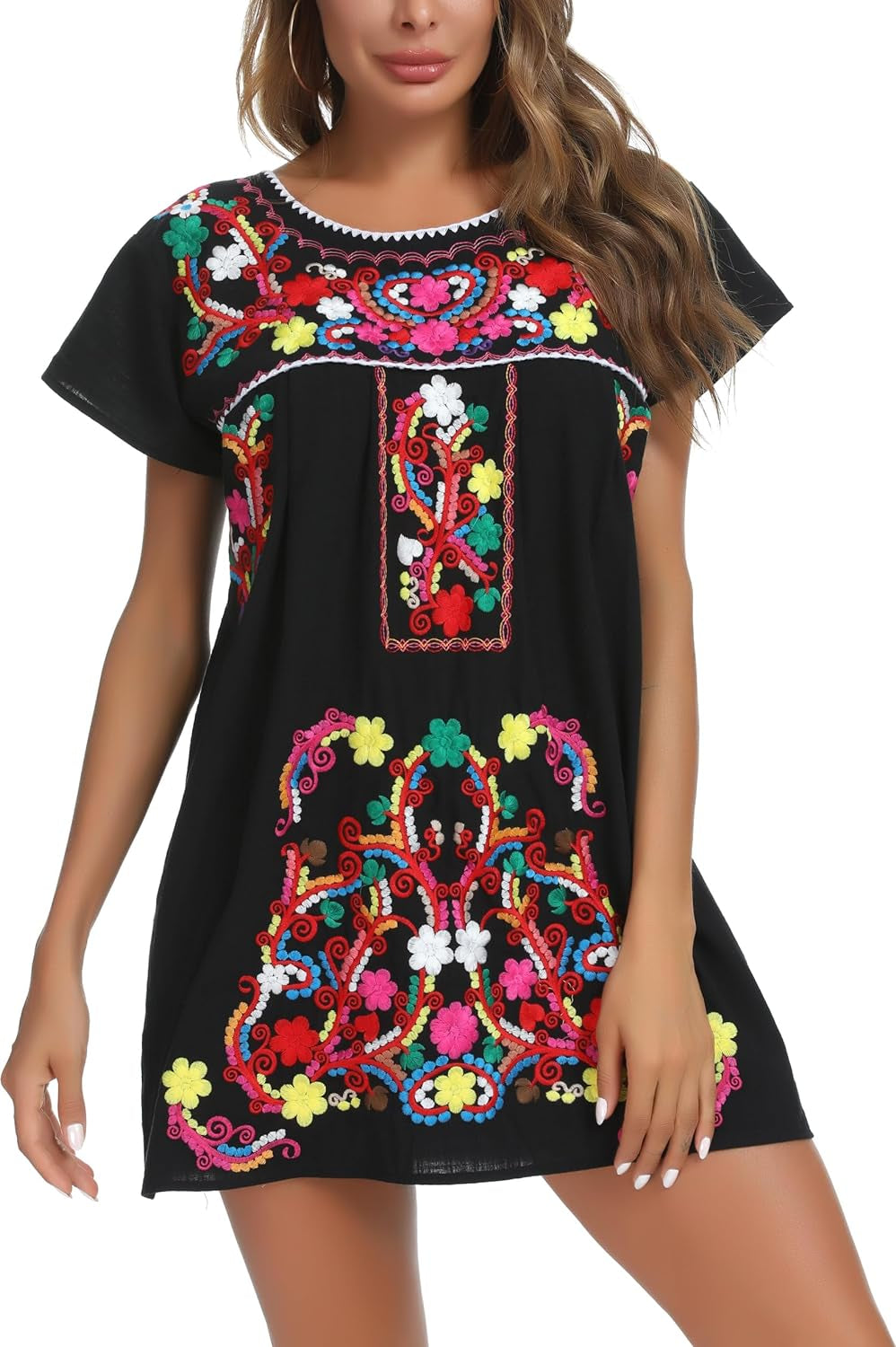 Vibrant Women's Short Sleeve Mexican Embroidered Dress
