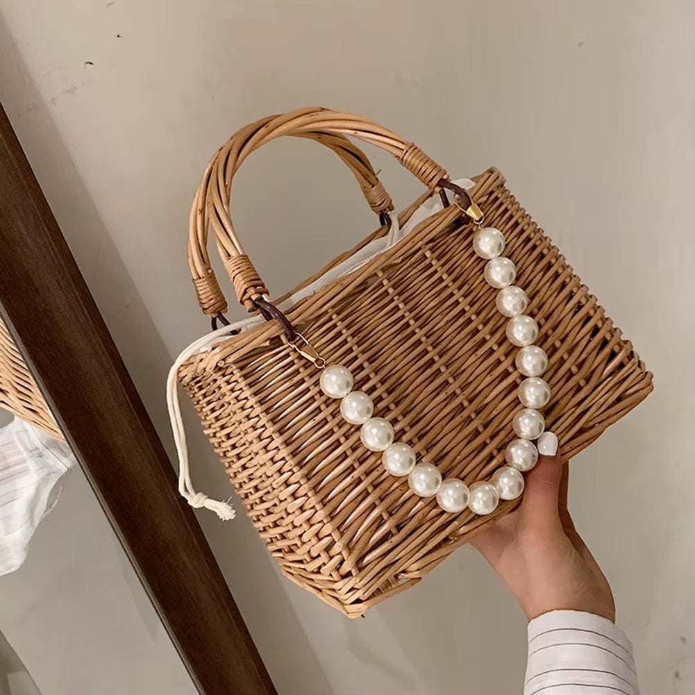 2023 Women Straw Bags and Handbags Summer Rattan Handmade Tote Bags Ladies Ribbonssummer Beach Basket Bag Pearl Beads Travel Bag