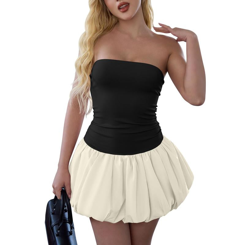 OYS Women'S Sexy Summer Tube Strapless Sleeveless Ruched Bubble Ruffle Cute Club Party Dress