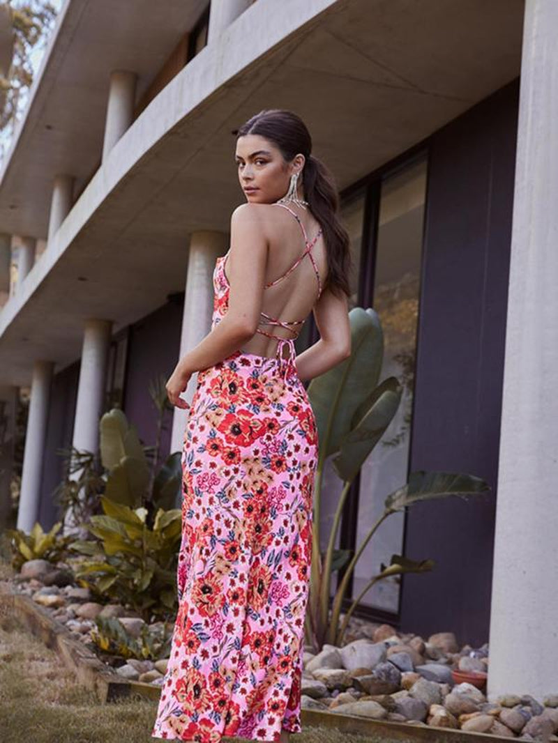 Women'S Ditsy Floral Print Cami Dress, Boho Sleeveless Spaghetti Strap Long Dress for Beach Holiday Vacation, Ladies Summer Clothes