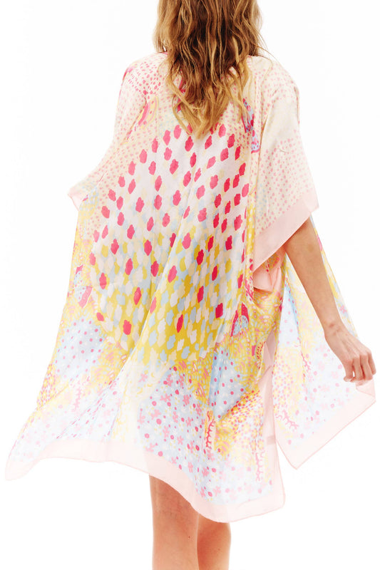 SP Sophia Collection - Abstract Multi Print Translucent Cover-Up Kimono: Pink Cream