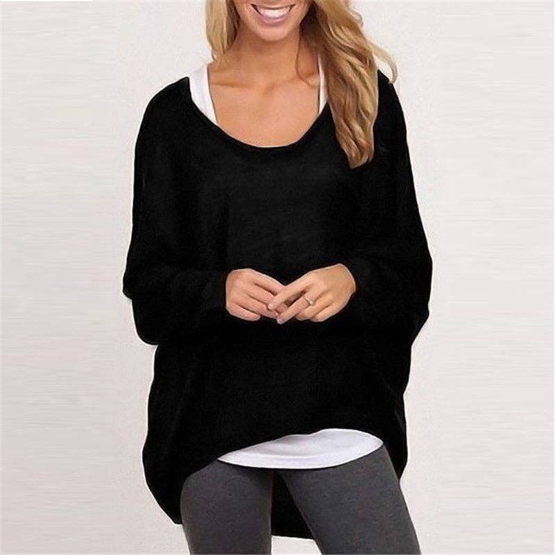 Suhkasana - Women's Oversized Crewneck Knit Pullover Sweater Top: Black / S