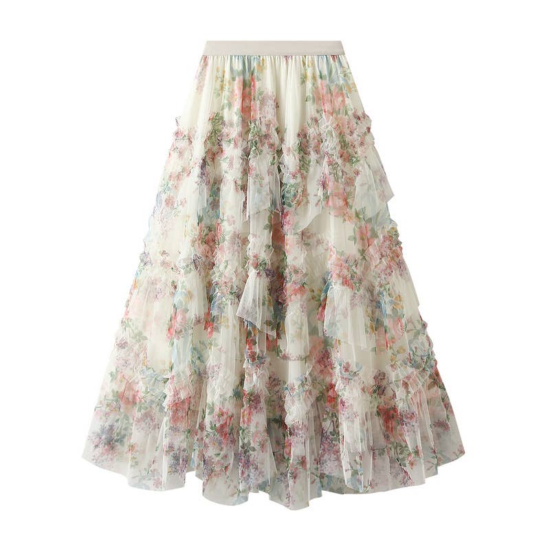 Rosa Clothing - Floral tiered midi tulle skirt: Beige / M