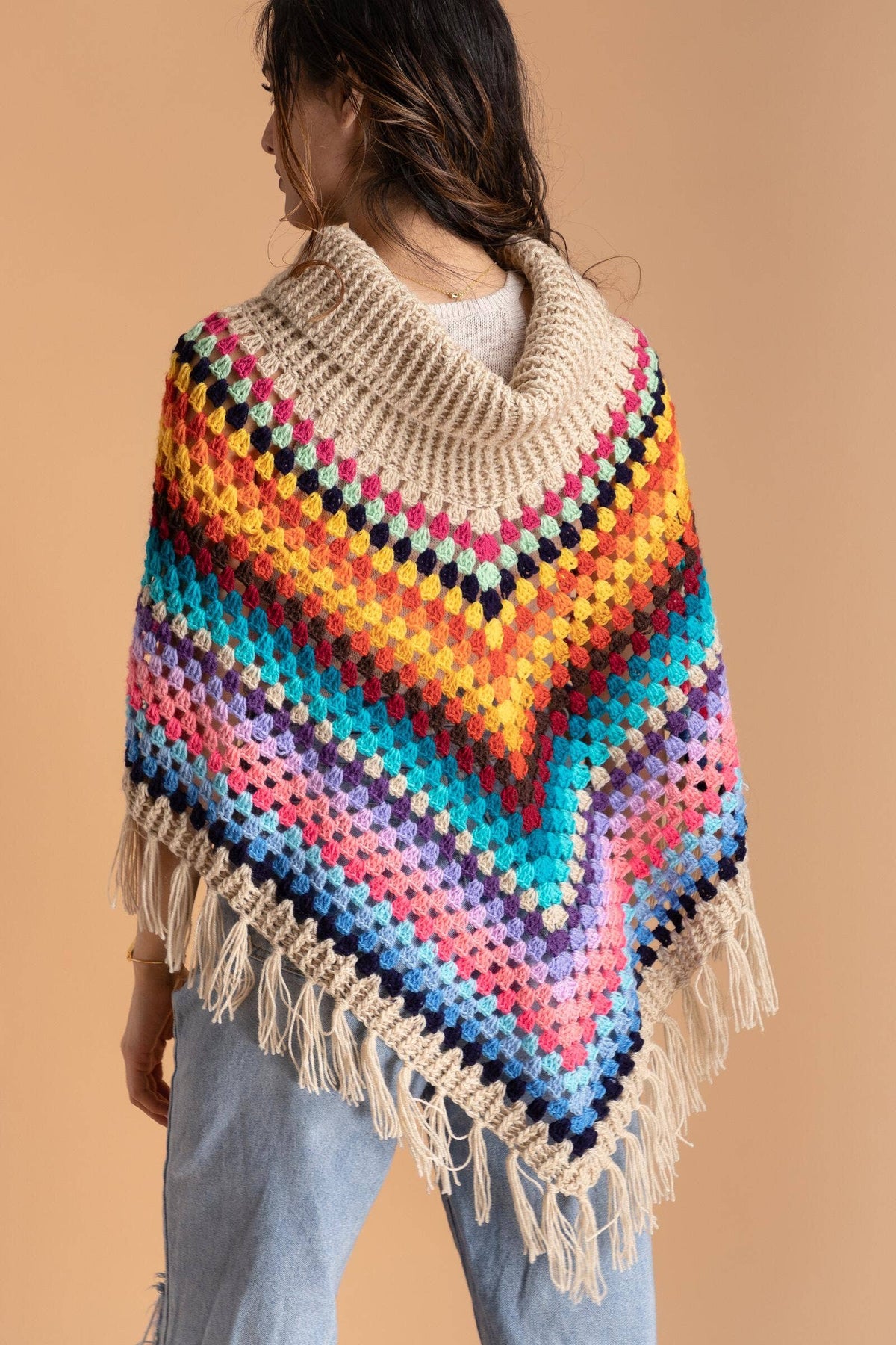 SAACHI - Rainbow Crochet Turtleneck Sweater Poncho