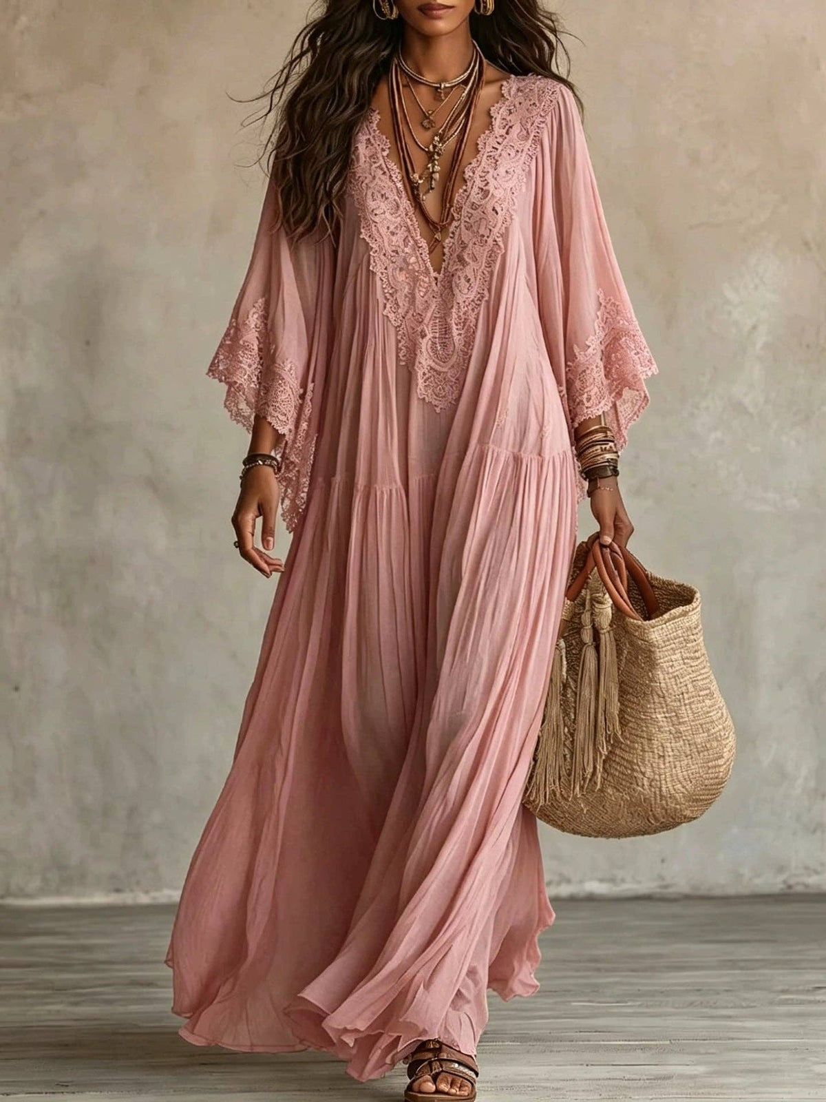 Suhkasana - Women's Boho Lace Chiffon Long Sleeve Maxi Dress: White / 100%Polyester / S