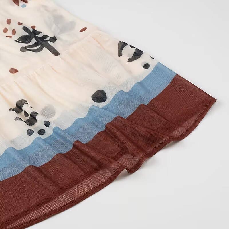 Rosa Clothing - Strappy Tulle midi dress with multicolor flowers print: Beige-R / M