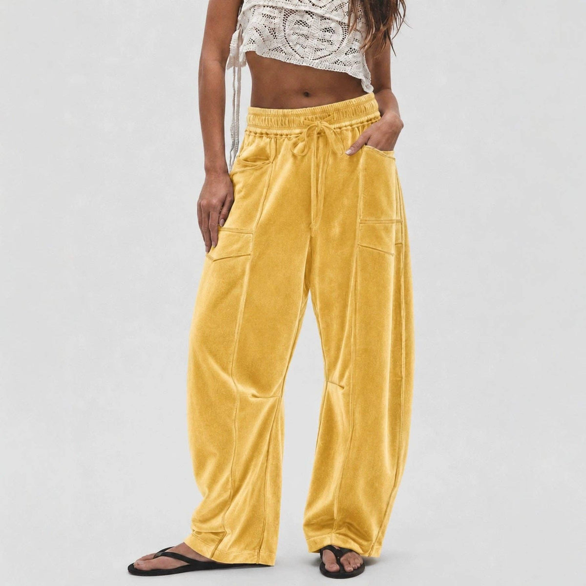 Suhkasana - Women's Velvet Wide Leg Drawstring Casual Pants: Pink / S