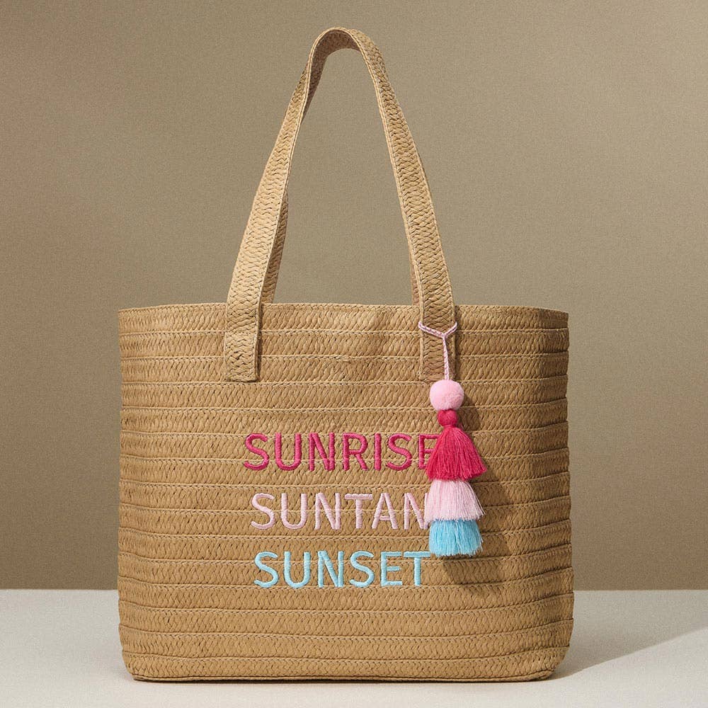 Sensibling Corp. - Raffia SUNRISE SUNTAN SUNSET Message Embroidered Summer Tote