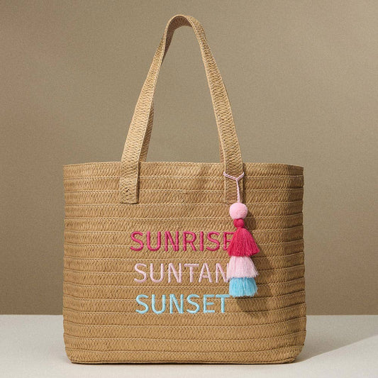 Sensibling Corp. - Raffia SUNRISE SUNTAN SUNSET Message Embroidered Summer Tote