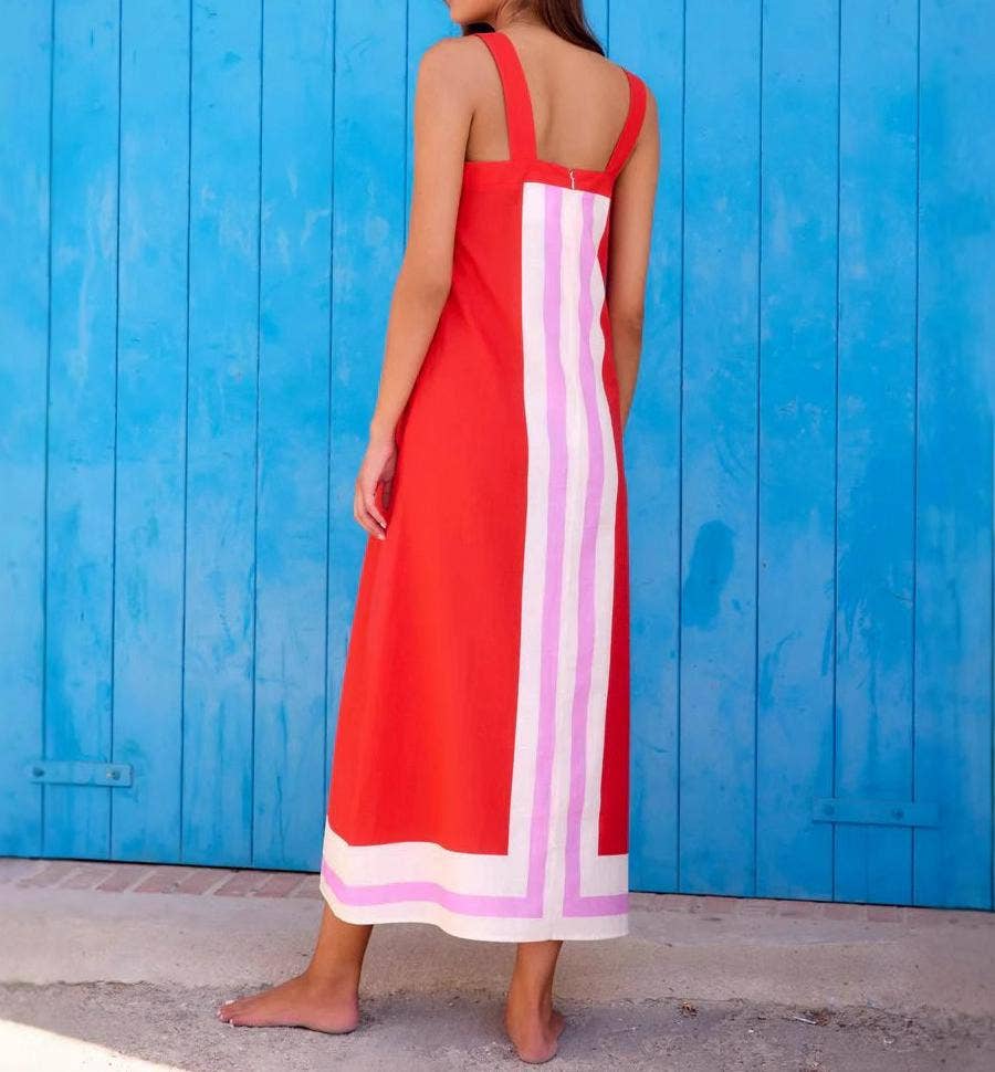 Rosa Clothing - Colorblocked resort slip maxi dress: Red / M