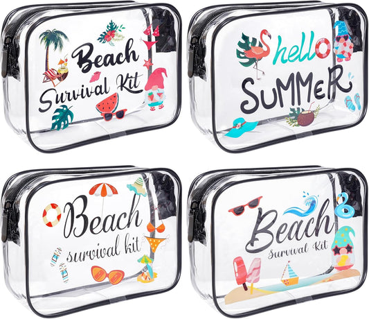 4Pcs Beach Clear Makeup Bags for Women Summer Beach Survival Kit Cosmetic Bags Waterproof PVC Toiletry Bags Portable Seaside Travel Pouch with Zipper for Lady Girls Summer Travel Vacation