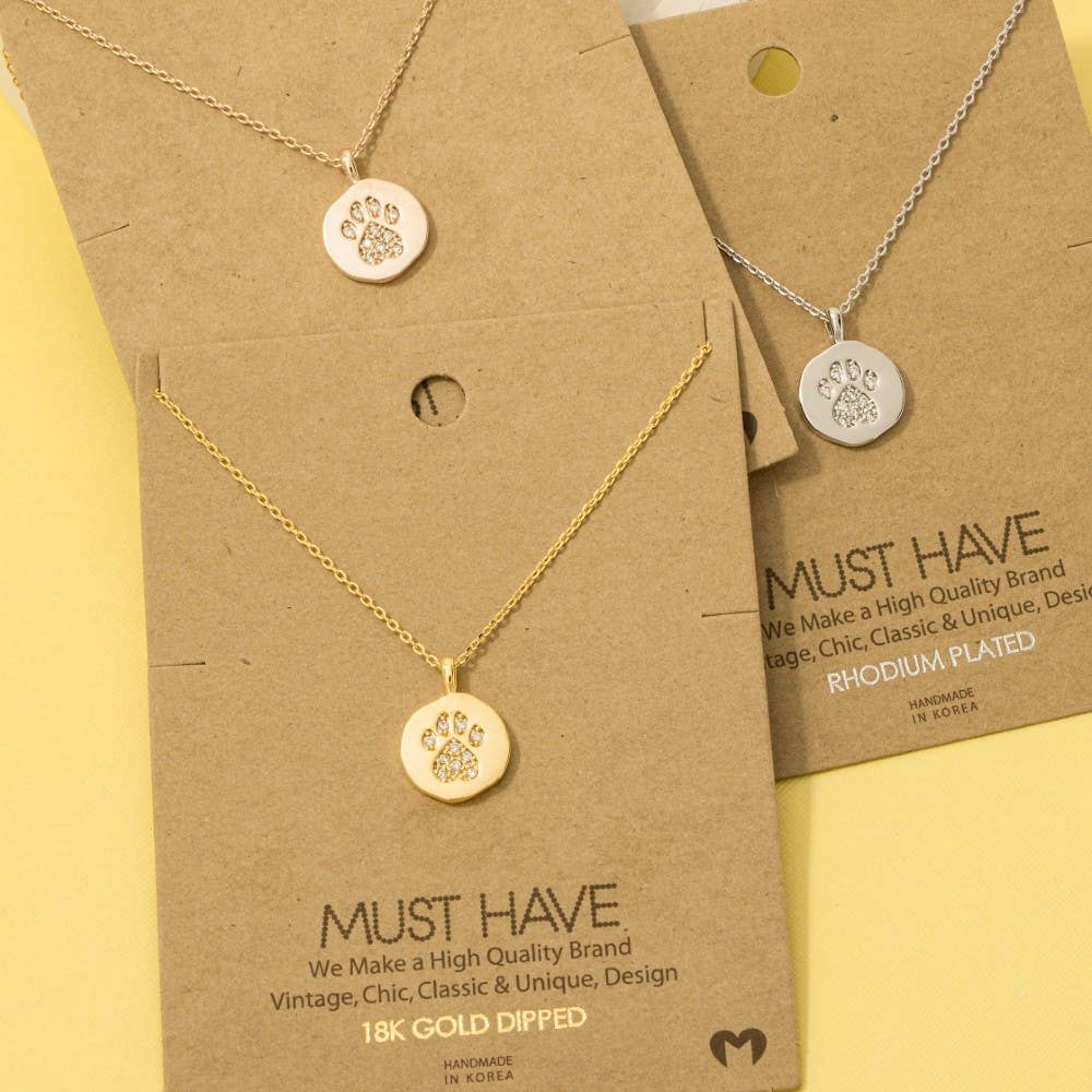 Fame Accessories - Gold Dipped Pave Dog Paw Pendant Necklace: S