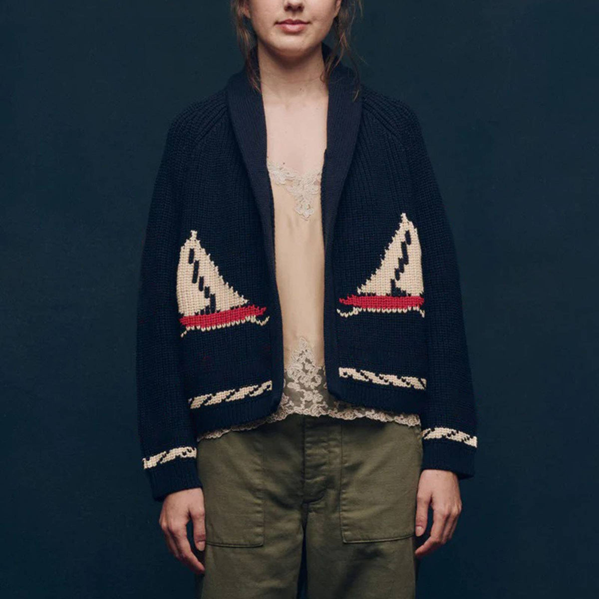Lily Clothing - Fashionable retro art lapel knitted cardigan: NAVY / (L) 1