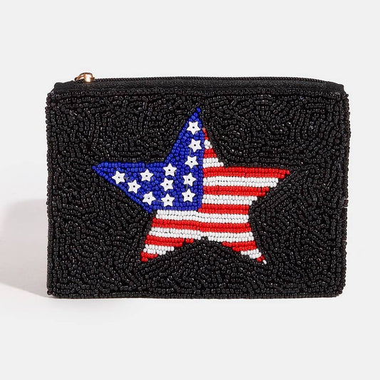 Collections by Fame Accessories - Seed Beaded Usa Flag Star Coin Purse: MULTI