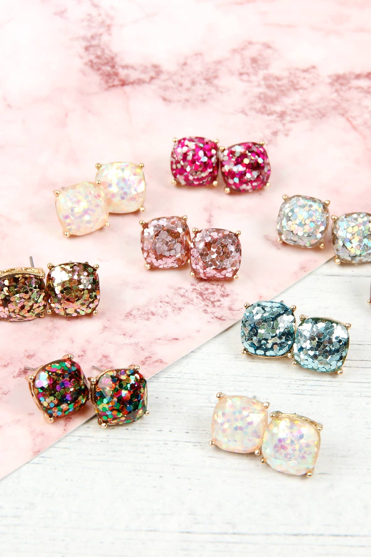 MYS Wholesale Inc - Shiny Cushion Glitter Earring: Multicolor Gold