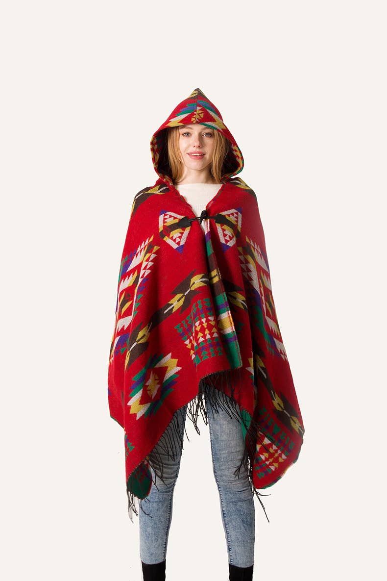 HIDDENBRAND - Boho aztec hooded poncho with toggle closure: Red / M