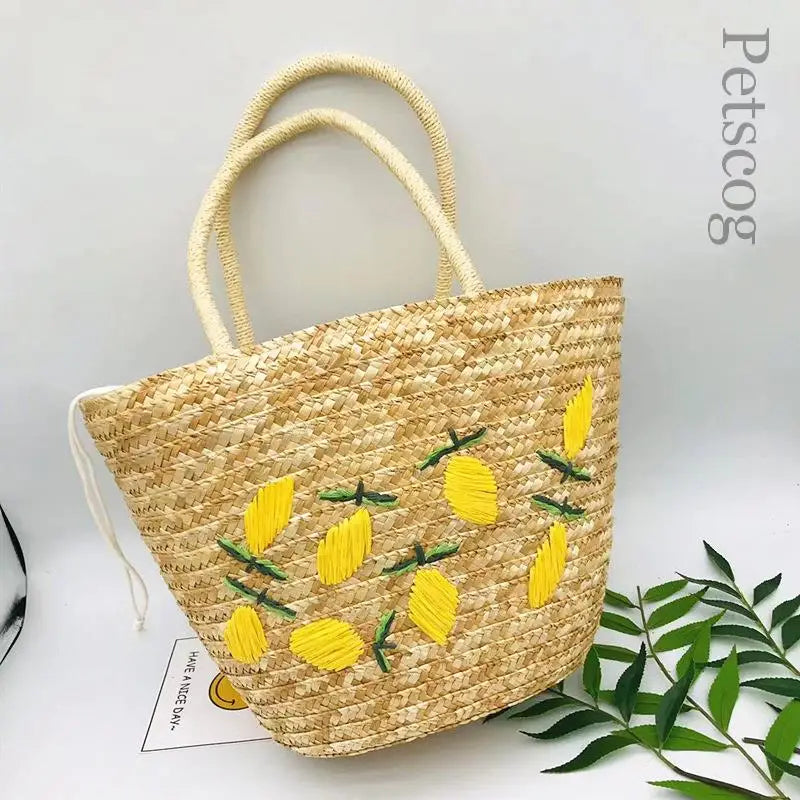Large Capacity Summer Tote Bags For Women Lemon Pattern Embroidered Straw Bag Bohemian Beach Party Big Handbags Shoulder Bag