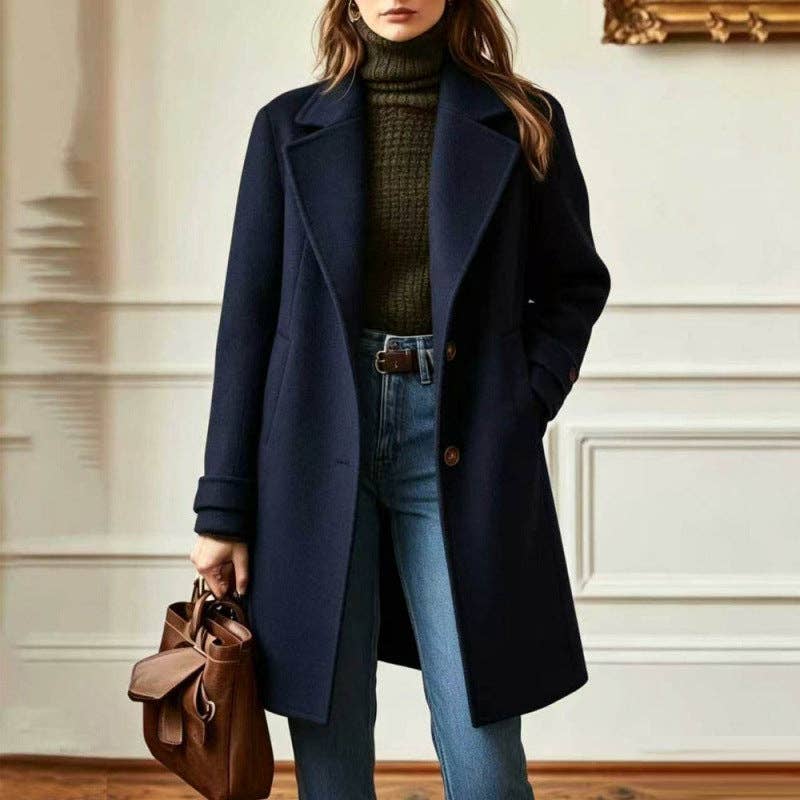 Suhkasana - Women's Vintage Lapel Single Breasted Mid Long Coat: Camel / S