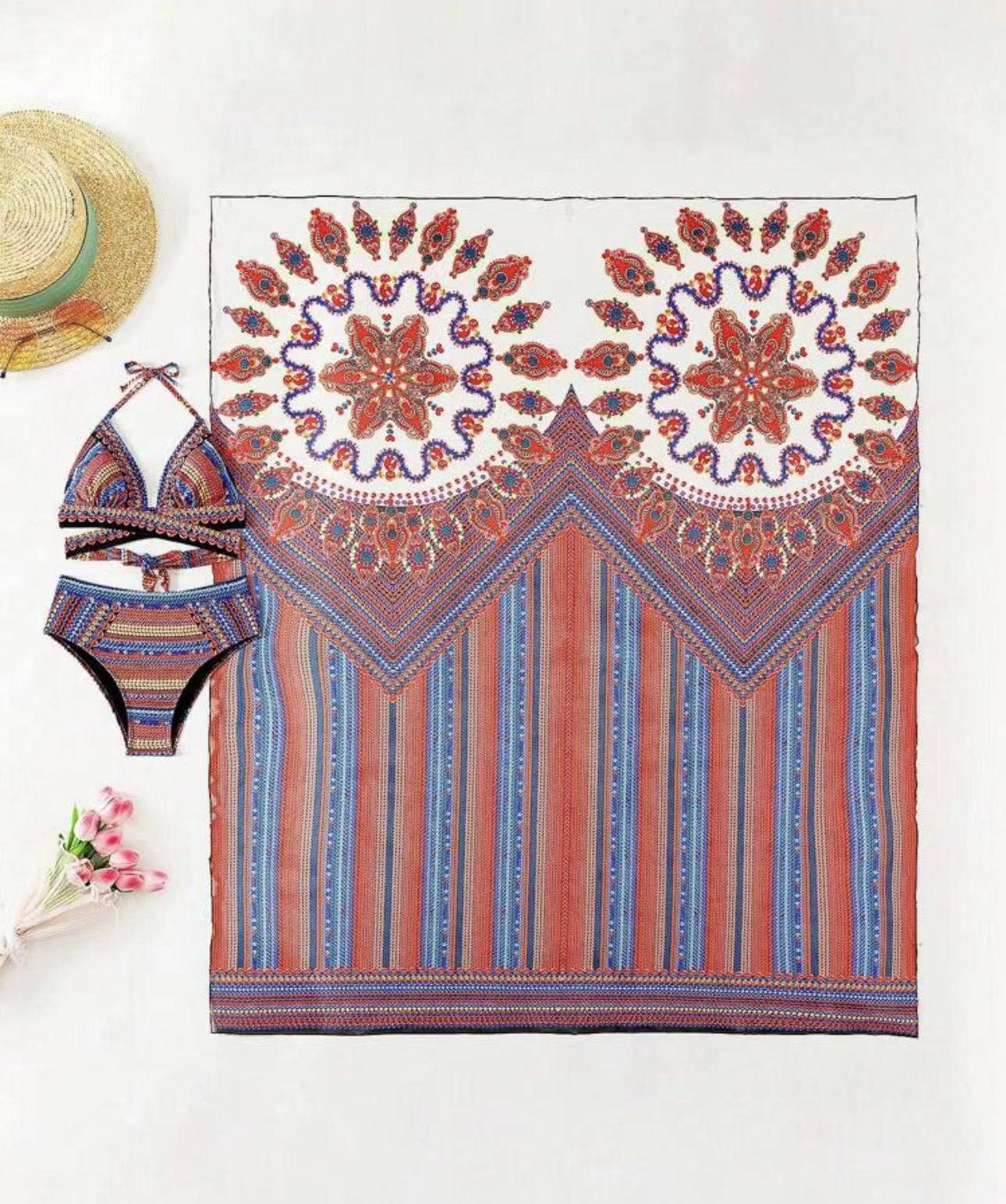 HIDDENBRAND - Printed Three Piece Swimsuit Phi Sand Beach Swimsuit Bikini: Red_B / M