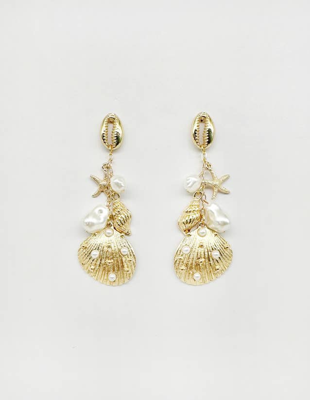 Pretty Persuasions - E25120 Large Shell/Starfish/Pearl Charms Dangle Earrings: 01 GD
