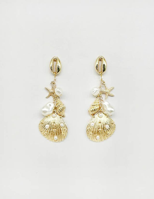 Pretty Persuasions - E25120 Large Shell/Starfish/Pearl Charms Dangle Earrings: 01 GD