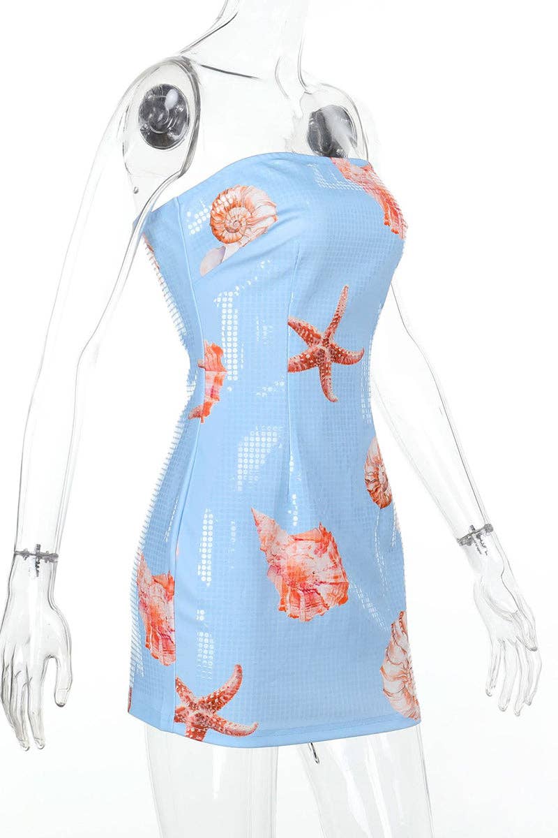 Mccolin - Strapless Starfish Print Dress: BEIGE / M