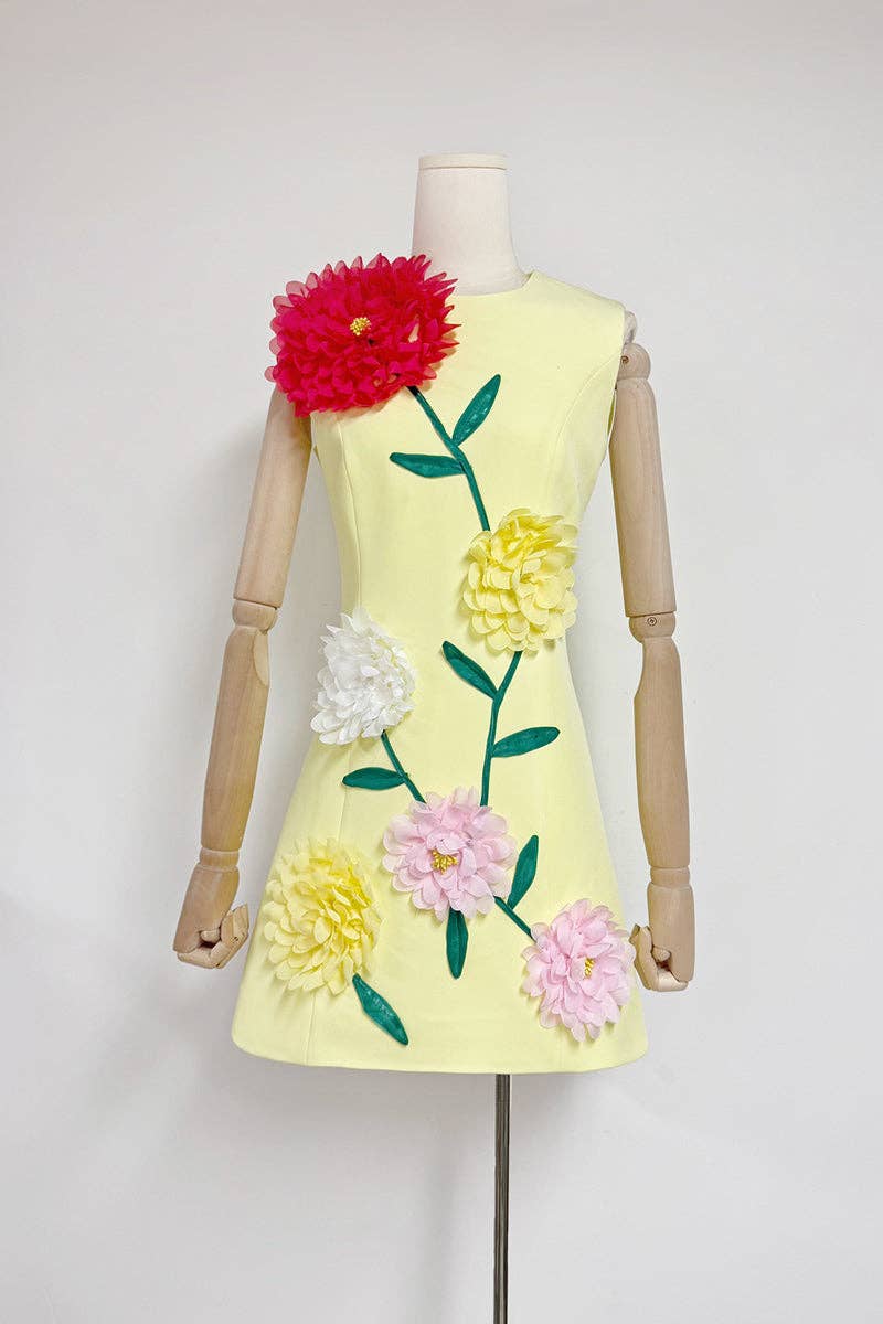 Mccolin - Floral Appliqué Vacation Dress: YELLOW / M