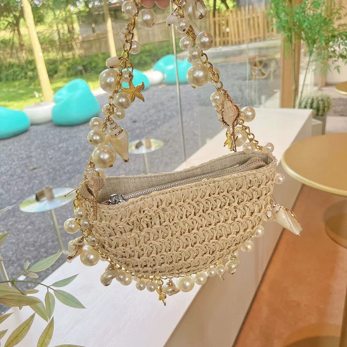 Bohemian Pearls Straw Bag Conch Starfish Women Handbags Half Moon Beach Shoulder Bag Designer Rattan Crossbody Bags Ladies Tote